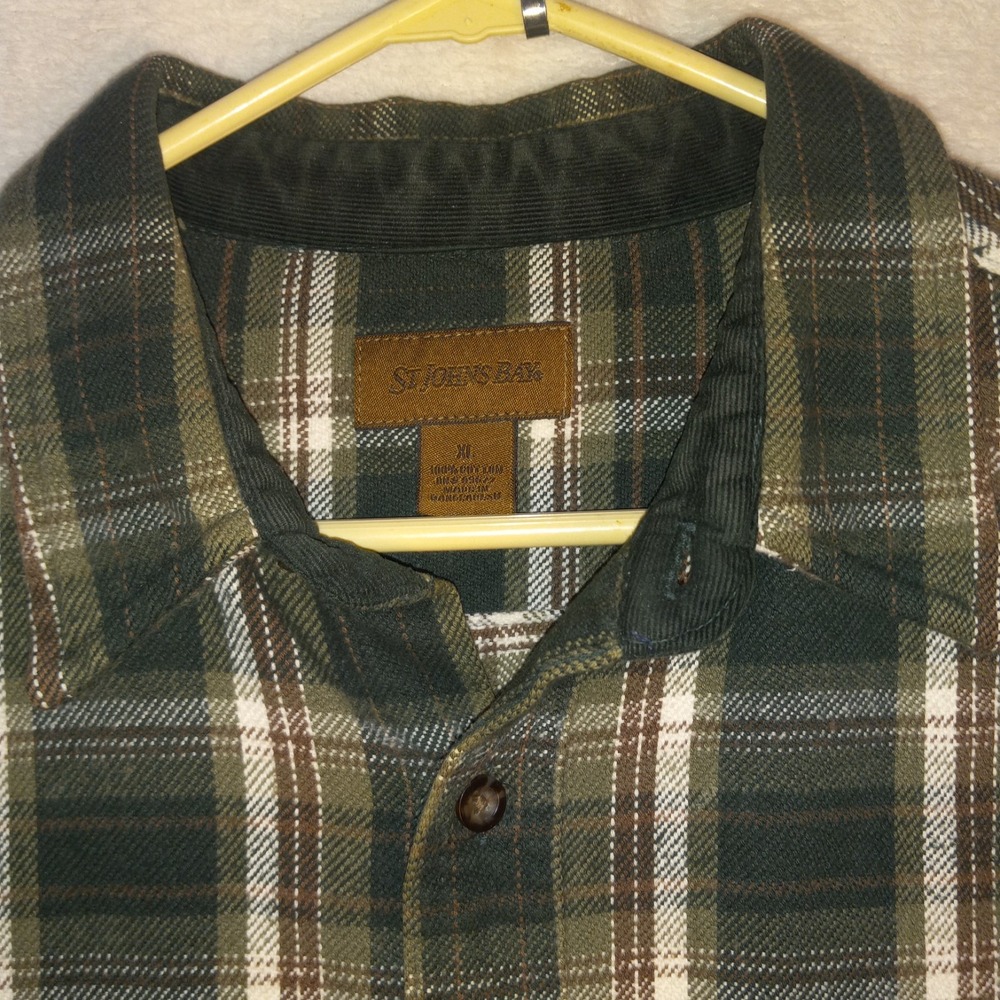 St. John's Bay Mens XL Heavyweight Plaid Flannel Shirt Green Corduroy Trim